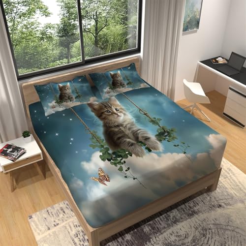 Spannbettlaken 90 x 190 cm Tiere Katzen Wolken Kinder Erwachsener Matratzenschoner Gedruckt Bettlaken für Boxspringbett Weich Mikrofaser Spannbetttuch bis 25-30 cm Hohe Dunkelgrün von Generic