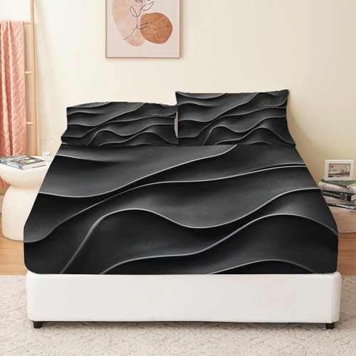 Spannbettlaken 90 x 190 cm Weiche Atmungsaktiv Mikrofaser Textur Linien Marmor Matratzenschoner Gedruckt Bettlaken für Boxspringbett Mikrofaser Spannbetttuch bis 25-30 cm Hohe Schwarz von Generic