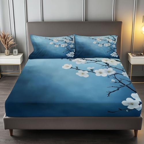 Spannbettlaken 90 x 200 cm Kinder Matratzenschoner, 100% Mikrofaser Spannbetttuch Chinesische Tuschemalerei Von Pflaumenblüten für bis 25-30 cm Matraze, Blau Spannbettlaken 90 x 200 cm Kinder Matratzenschoner, 100% Mikrofaser Spannbetttuch Chinesische Tuschemalerei Von Pflaumenblüten für bis 25-30 cm Matraze, Blau von Generic