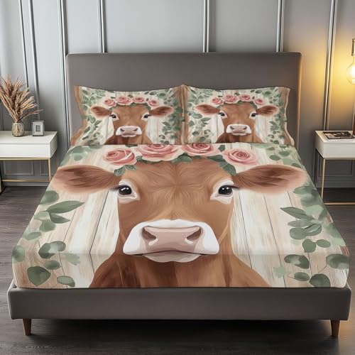 Spannbettlaken 90 x 200 cm Kinder Matratzenschoner, 100% Mikrofaser Spannbetttuch Tiere Kühe Blumen für bis 25-30 cm Matraze, Creme von Generic