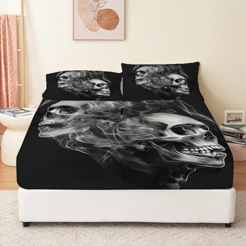 Spannbettlaken Gothic Totenkopf Rauch Matratzenschoner Spannbettlaken Mikrofaser Bettlaken 30cm Extra Tiefe Taschenlaken Spannbetttuch Weich und atmungsaktiv 180 x 200 cm Schwarz Grau von Generic