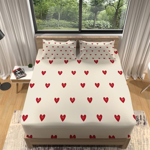 Spannbettlaken im Süßes kleines rotes Herz Print für bis 30 cm Matraze Creme Weiche Atmungsaktiv Microfaser Spannbetttuch 140 x 200 cm mit 2 Kissenbezug 80 x 80 cm von Generic