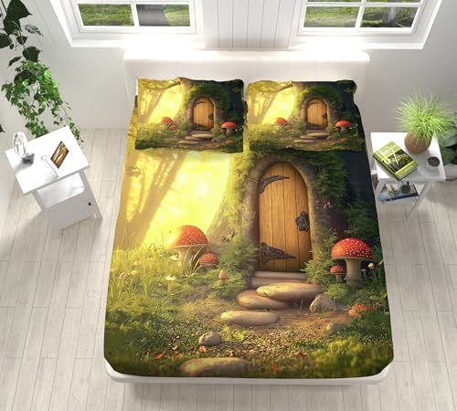 Spannbetttuch für Boxspringbett 90 x 200 cm Rutschfestem Spannbettlaken Fantasie Pflanzen Baumhaus Mikrofaser Matratzenschoner bis 30cm Hohe Rund-um Elastischer Gummizug Grün von Generic