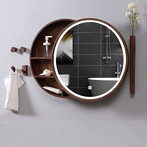 Spiegelschrank Badezimmer-Spiegelschrank Mit Led-Licht, Gleit-Solid Holz Runde Wand Montiert, Die Smart-Touch-Schalter, Waschtisch Spiegel Schrank Regal von Generic
