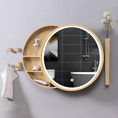 Spiegelschrank Badezimmer-Spiegelschrank Mit Led-Licht, Gleit-Solid Holz Runde Wand Montiert, Die Smart-Touch-Schalter, Waschtisch Spiegel Schrank Regal von Generic