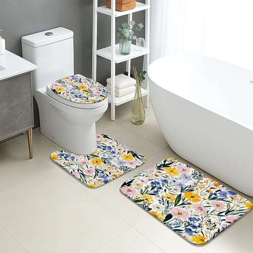 Spring Badezimmermatten-Set, 3-teilig, Blumendruck, gelbe Blumen, Blätter, rutschfest, WC-Vorleger, U-förmig, waschbar, schnell trocknend, Memory-Schaum, Badezimmerteppich-Set von Generic