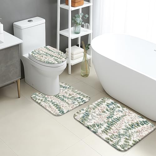 Spring Badezimmermatten-Set, 3-teilig, künstlerisches Blatt-Design, saugfähig, rutschfest, WC-Vorleger, U-förmig, waschbar, von der Natur inspiriert, schnell trocknend, Memory-Schaum von Generic