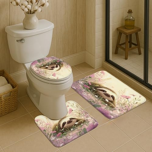 Spring Badezimmermatten-Set, 3-teilig, niedliches Blumen-Faultier, saugfähig, rutschfest, WC-Vorleger, U-förmig, waschbar, schnell trocknend, Memory-Schaum, Badezimmerteppich-Set von Generic
