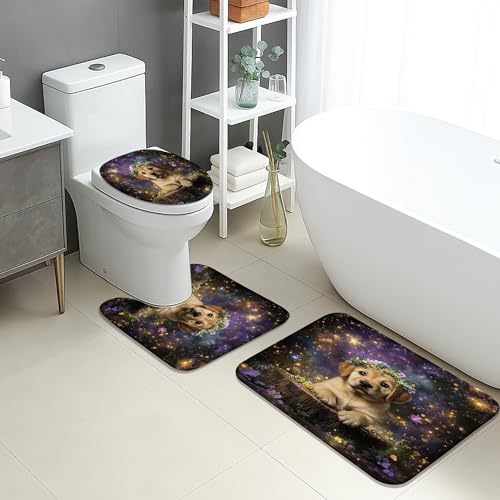Spring Badezimmermatten-Set, 3-teilig, niedliches Welpen-Blumen-Design, rutschfest, WC-Vorleger, waschbar, schnell trocknend, Memory-Schaum, Badezimmerteppich-Set von Generic