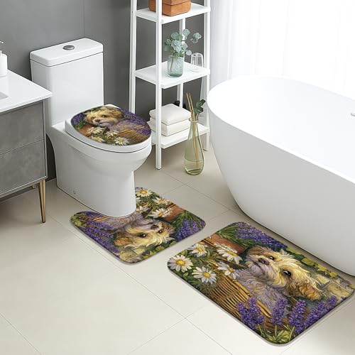 Spring Badezimmermatten-Set, 3-teilig, niedliches Welpen-Design, saugfähig, rutschfest, WC-Vorleger, U-förmig, waschbar, lebendiger Garten, schnell trocknend, Memory-Schaum, Badezimmerteppich-Set von Generic