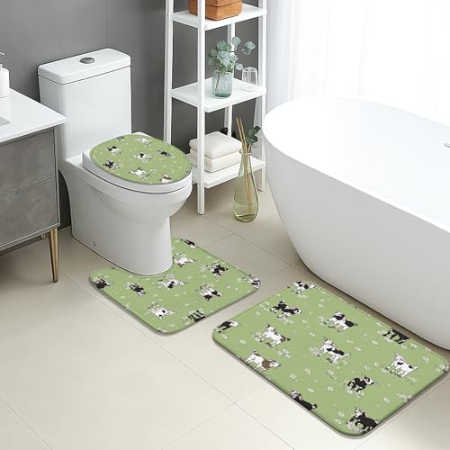 Spring Badezimmermatten-Set, 3-teilig, pastorales Kuhmuster, saugfähig, rutschfest, WC-Vorleger, U-förmig, waschbar, Bauernhaus-Blumenmuster, schnell trocknend, Memory-Schaum, Badezimmerteppich-Set von Generic