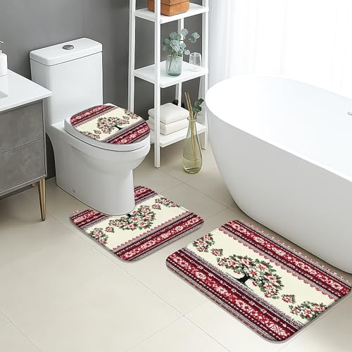 Spring Badezimmermatten-Set, 3-teilig, rustikales Blumen-Baum-Design, saugfähig, rutschfest, WC-Vorleger, U-förmig, waschbar, Vintage-Stil, schnell trocknend, Memory-Schaum, Badezimmerteppich-Set von Generic