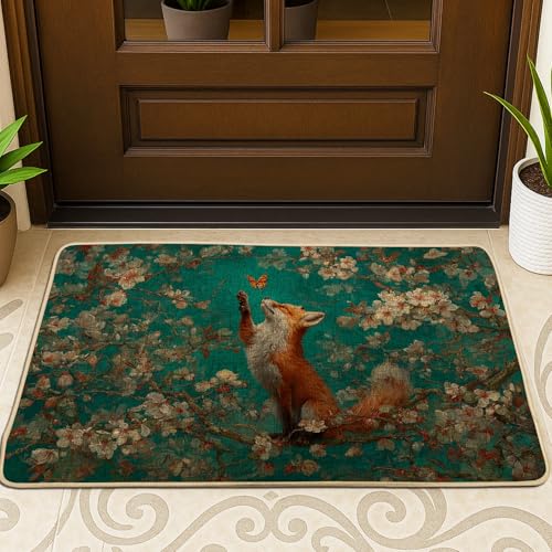 Spring Fox Fußmatte, blaugrüner Fuchs und Schmetterling, Fußmatte für Innen- und Außenbereich, rustikale Dekoration, Gummi, rutschfest, staubabsorbierend, leicht zu reinigen, 73,2 x 43,2 cm von Generic