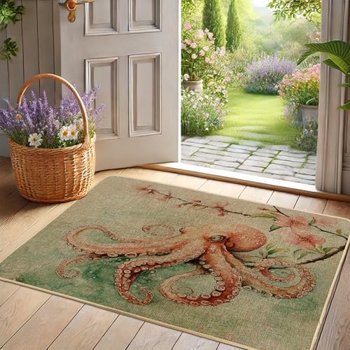 Spring Ocean Life Fußmatte, Korallen-Kraken-Fußmatte für Außen- und Inneneingang, Küstendekoration, Gummi, wasserdicht, rutschfest, staubabsorbierend, leicht zu reinigen, 73 x 43 cm von Generic