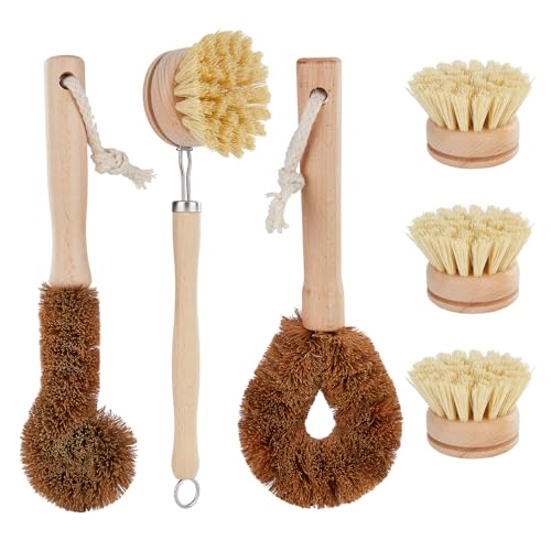 Spülbürste Holzspülbürste 6er Set, Küchenbürsten Reinigungsset Bambusbürsten Küchenset Bambus Geschirrschrubber Set mit 3er Ersatzkopf für Töpfe, Pfannen, Flaschen, Spülbecken, Haushaltsreinigung von Generic