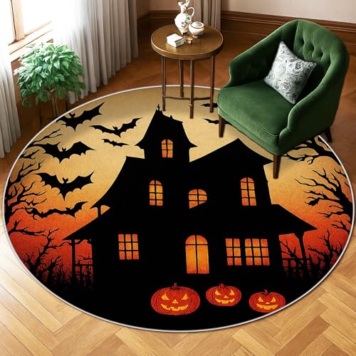 Spukhaus-Teppich, Halloween-Gruselfledermäuse, Kürbisse, Halloween, schwarz, niedriger Flor, Heimboden, Kreisdruck, Teppich für Wohnzimmer, Schlafzimmer, Klassenzimmer, Wohnung, Dekoration, 1,8 x 1,8 von Generic