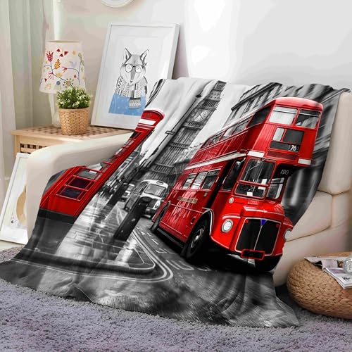 Stadt London Doppeldeckerbus Rot Flanelldecke Kuscheldecke Grau 70x100 cm Super Soft Weich Wohndecke Warm Flauschig Decke Sofadecke oder Tagesdecke, Wohndecke für Erwachsene und Kinder Geschenk von Generic