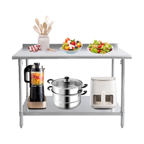 Stainless Steel Food Prep Table with Backsplash Double Layer Shelf & Adjustable Height for Catering Restaurants - 48"L x 24" W x 34" H (122x60x86cm) von Generic