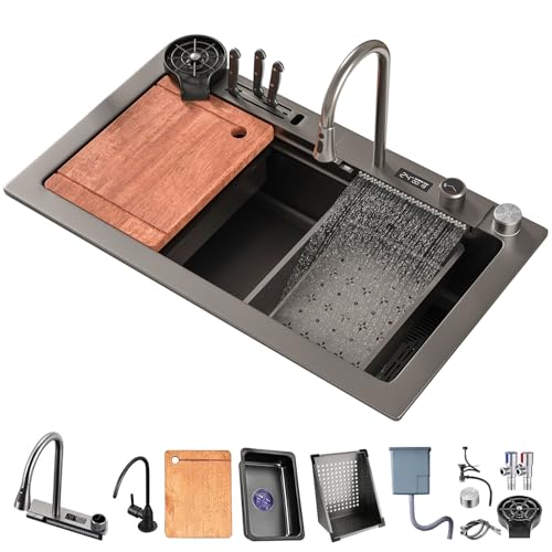 Stainless Steel Workstation Sink with Extendable Tap Compact 70 x 45 cm Black Grey Nano Coated Cup Sink & Drain Set for Waterfall Kitchen Design von Generic