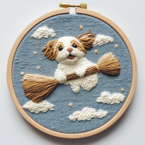 Stanznadel-Set für Anfänger, Hund fliegt auf Besenstiel, Stanzstich-Set für Erwachsene, Nadelstanzer-Sets für Erwachsene, magische Tier-Stickerei Stanznadel-Set für Anfänger, Hund fliegt auf Besenstiel, Stanzstich-Set für Erwachsene, Nadelstanzer-Sets für Erwachsene, magische Tier-Stickerei von Generic