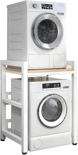 Stapelset Verstellbarer Ständer - 400 Kg Tragfähigkeit - Aufbewahrungseinheit Für Waschmaschine über Der Waschmaschine - Tragbares Gestell Für Waschmaschine Und, White Frame+Light Walnut von Generic