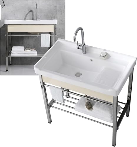 Startseite Küche Spülbecken Waschküche Spüle, Keramik Freistehende Küche Utility Spüle, Moderne Einzelwaschbecken Badezimmer Waschtisch-Set, Mit Edelstahlregal Und Heißem Kaltwasserhahn Startseite Küche Spülbecken Waschküche Spüle, Keramik Freistehende Küche Utility Spüle, Moderne Einzelwaschbecken Badezimmer Waschtisch-Set, Mit Edelstahlregal Und Heißem Kaltwasserhahn von Generic
