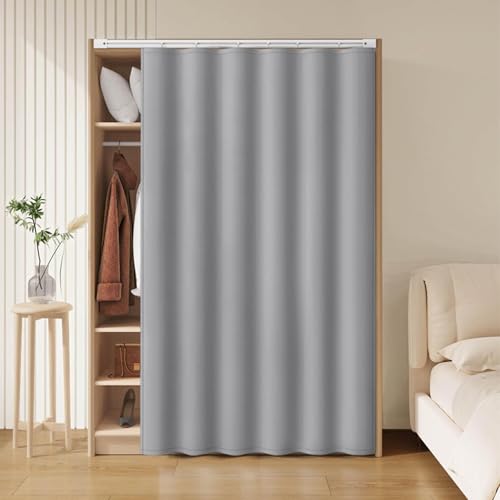 Staubdichter Schrankvorhang Zum Schieben, Schrank Vorhang Privatsphäre, Gardinen Vorhang Verdunkelung für Kleiderschrank Regal Badezimmer mit Geräuscharmen Gleitschienen(Grau,W 130cm x H 170cm) von Generic