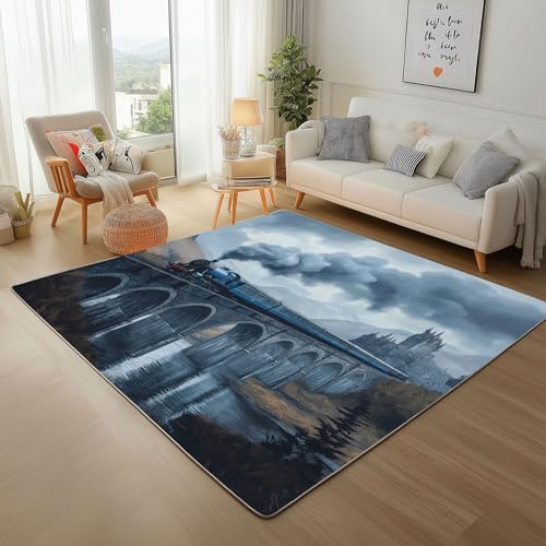 Steampunk Zug Blau Teppich Wohnzimmer 80x150cm Moderner Weicher Teppisch Rugs for Living Room Natur See Hügel Landschaft Rutschfester Teppich, maschinenwaschbar, für Schlafzimmer, Flur von Generic