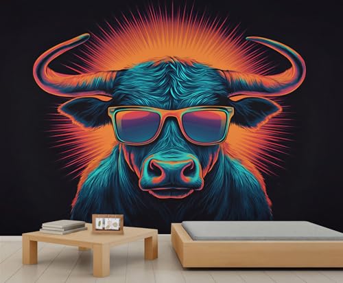 Stier Wandbild Farbenfrohe Lustige Wandtapete Schwarze Tapete Tierdruck Wandpapier für Schlafzimmer Wohnzimmer Poster 490 X 350 cm von Generic