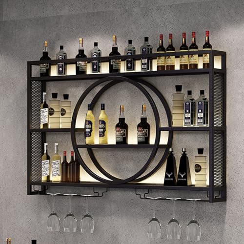 Stilvolles Weinregal aus schwarzem Metall an der Wand montiert mit LED-Licht aus Eisen Weinregal und Glashalter Barregale für Spirituosenflaschen, ideal für die Einrichtung von Küche oder Wo Stilvolles Weinregal aus schwarzem Metall an der Wand montiert mit LED-Licht aus Eisen Weinregal und Glashalter Barregale für Spirituosenflaschen, ideal für die Einrichtung von Küche oder Wo von Generic