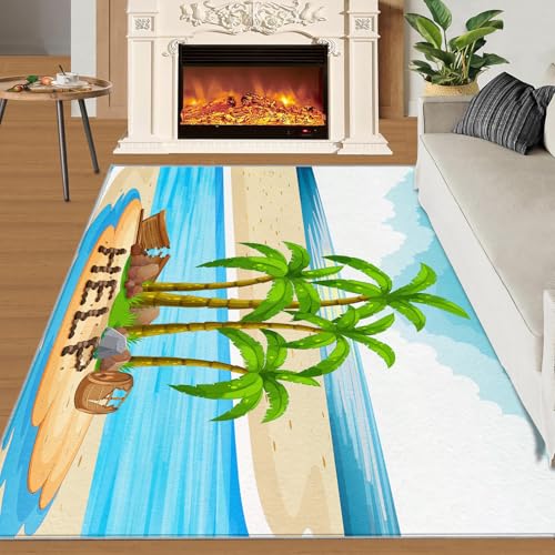 Strand-Kokosnussbaum Teppich Blauer Himmel Und Weiße Wolken Wohnzimmerteppiche Blaues Meer 160x230 Rug Kokosnussbaum Vorleger Rutschfester Teppich Für Stark Frequentierte Bereiche von BEQUTIY