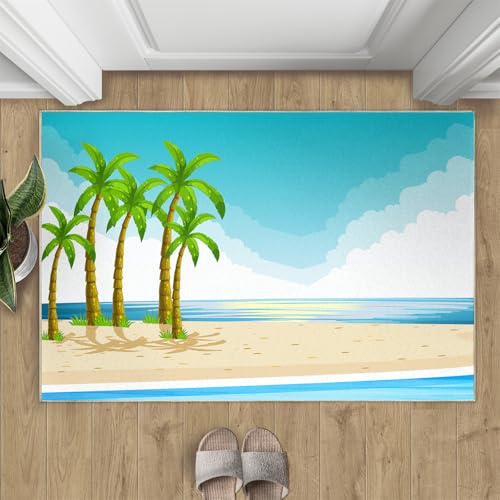 Strand Teppich Blauer Himmel Und Weiße Wolken Meer Kleine Teppiche Strandpflanze Kokosnussbaum 50x80 Rug Kokosnussbaum Vorleger Rutschfester Teppich Für Stark Frequentierte Bereiche von BEQUTIY
