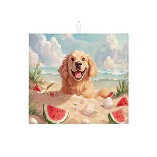 Strand-inspirierte Abtropfmatten für Küchentheke, Happy Golden Retriever Coastal saugfähiges Abtropfgestell, Sommer-Mikrofaser-Trockenunterlage für Barschutz, 40,6 x 45,7 cm von Generic