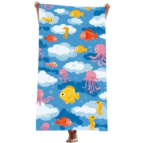 Strandtuch XXL 100 x 220 cm Mikrofaser Handtuch (Niedlich), SchnellTrocknend, Leicht und Tragbar, Sandfrei Strandtuch, Microfaser Handtücher für Reise Urlaub Camping Wandern Yoga Bad (Fisch) Z-1001T von Generic