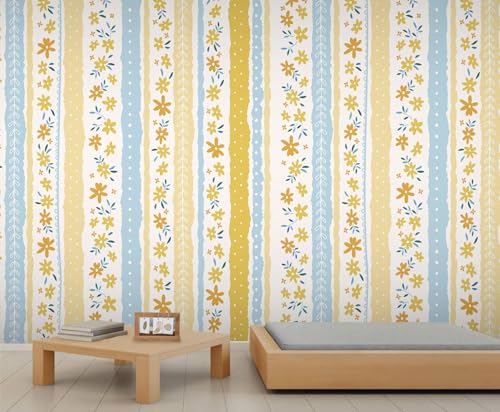 Streifen Tapete Blumen Wandbild Kleine Gelbe Blumen Mädchenzimmer Tapete Blätter Tapete für Wohnzimmer Schlafzimmer Wandbild Poster 390X260cm von Generic