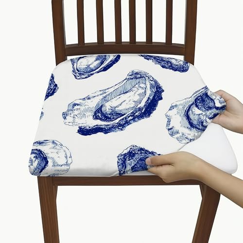 Stuhl-Sitzbezüge mit nautischem Austern-Druck, abnehmbare Stretch-Spandex-Kissen-Schonbezüge mit blau-weißem Design, dekorative Bezüge für Küche und Esszimmer, 4 Stück Stuhl-Sitzbezüge mit nautischem Austern-Druck, abnehmbare Stretch-Spandex-Kissen-Schonbezüge mit blau-weißem Design, dekorative Bezüge für Küche und Esszimmer, 4 Stück von Generic