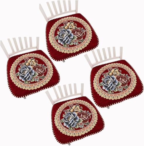 Stuhlauflage Kissen für Stühle 1er-/2er-Set Stuhlkissen für Esszimmerstühle mit Bändern rutschfeste Stuhlunterlage für Esszimmer Büro und Küchenstühle (Weinrot 43 x 40 cm (4er-Set)) von Generic
