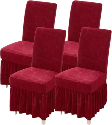 Stuhlhussen Stretch Stuhlhussen Abnehmbare Mit Rock Stuhlbezüge Esszimmerstühle Elastischer Stuhl Überzug für Esszimmer Küche Restaurant Hotel Bankett(Wine Red,4 Set) von Generic