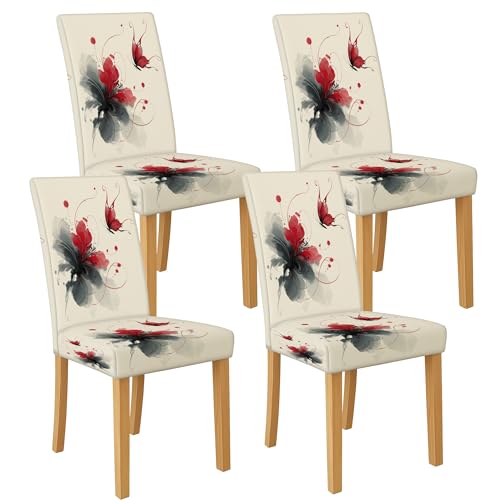 Stuhlhussen mit Blumenmuster für Esszimmerstühle, dehnbar und waschbar, Spandex-Sitzschoner, elegante dekorative Schonbezüge für moderne Küche, Esszimmer, 4 Stück von Generic