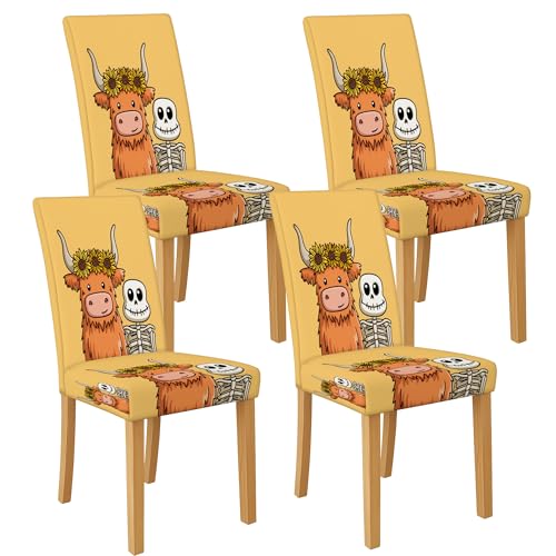 Stuhlhussen mit Kuh-Skelett-Design für Esszimmerstühle, dehnbar und waschbar, Spandex-Sitzschoner, lustige dekorative Schonbezüge für Halloween-Küche, 4 Stück Stuhlhussen mit Kuh-Skelett-Design für Esszimmerstühle, dehnbar und waschbar, Spandex-Sitzschoner, lustige dekorative Schonbezüge für Halloween-Küche, 4 Stück von Generic