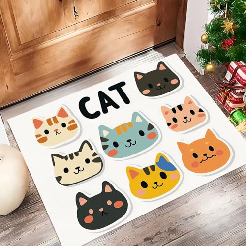 Süße Katze Fußmatte Schmutzfangmatte Innen 45 X 75 cm rutschfeste Waschbar Fussmatte, Sauberlaufmatte Teppich Für Eingangsbereich, Haustür, Flur, Porch - Weiß Cartoon-Tiere von Generic