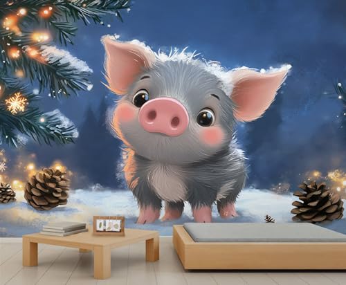 Süßes Schwein Wandbild Blaue Nachthimmel Tapete Kiefernbaum Wandtapete Cartoon Natur Tapete für Schlafzimmer Wohnzimmer Poster 390 X 260 cm von Generic