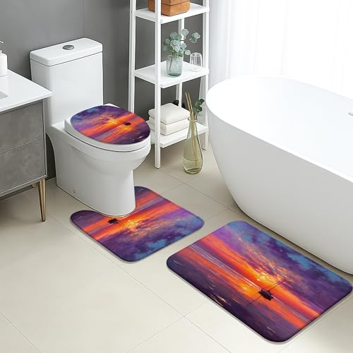 Sunset Badezimmermatten-Set, 3-teilig, bunte Himmelslandschaft, saugfähig, rutschfest, WC-Vorleger, U-förmig, waschbar, Sommer-Flanell, schnell trocknend, Badezimmerteppich-Set von Generic