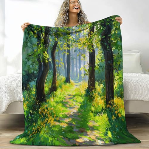 Superweich Warm Salbeigrün Decke 180 x 220 cm, Natur Wald Sonnenlicht Grünes Gras Leicht Gemütlich Flanell Überwurf Decke für Bett Couch Sofa Büro Dekoration - Damen und Herren von Generic