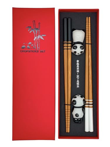 Sushi Essstäbchen Set Panda 2 Paar inklusive Keramik-Unterleger Premium Holz Nachhaltig Japanisch Chinesisch Koreanisch Taiwanesisch von Generic