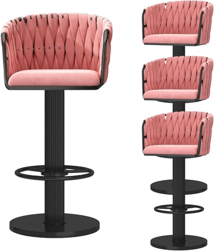Swivel Bar Stools Set von 2, samtpolsterte Esstühle mit gewebten Rücken, Moderne Kücheninsel-Barhocker mit Fußstütze, einstellbare Höhe 65-80 cm, Weiß, Rosa, 4 Stcs von Generic