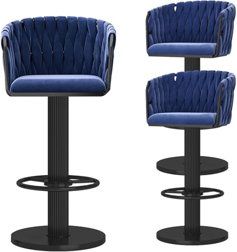 Swivel Bar Stools Set von 2, samtpolsterte Esstühle mit gewebten Rücken, Moderne Kücheninsel-Barhocker mit Fußstütze, verstellbare Höhe 65-80 cm, Weiß, Blau, 3 Stcs von Generic