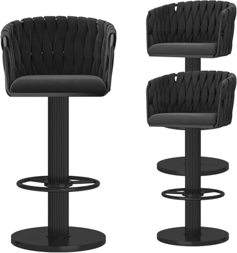 Swivel Bar Stools Set von 2, samtrisch gepolsterte Esstühle mit gewebten Rücken, Moderne Kücheninsel-Barhocker mit Fußstütze, einstellbare Höhe 65-80 cm, weiß, schwarz, 3 Stcs von Generic