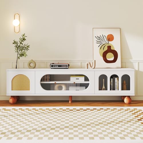 TV-Möbel mit Rattan-Türen, Glasschiebetür und offenen Bogenfächern, Lowboard mit goldenen Griffen und massiven Holzfüßen, modernes Design, ideal für Wohnzimmer und Mediengeräte, Weiß von Generic