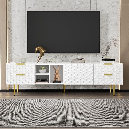 TV-Schrank in Weiß mit strukturierten Türen, Lowboard mit 4 Schubladen, offenen Fächern und 1 Tür, goldenen Griffen und Beinen, modernes Design für Verschiedene Einrichtungsstile von Generic